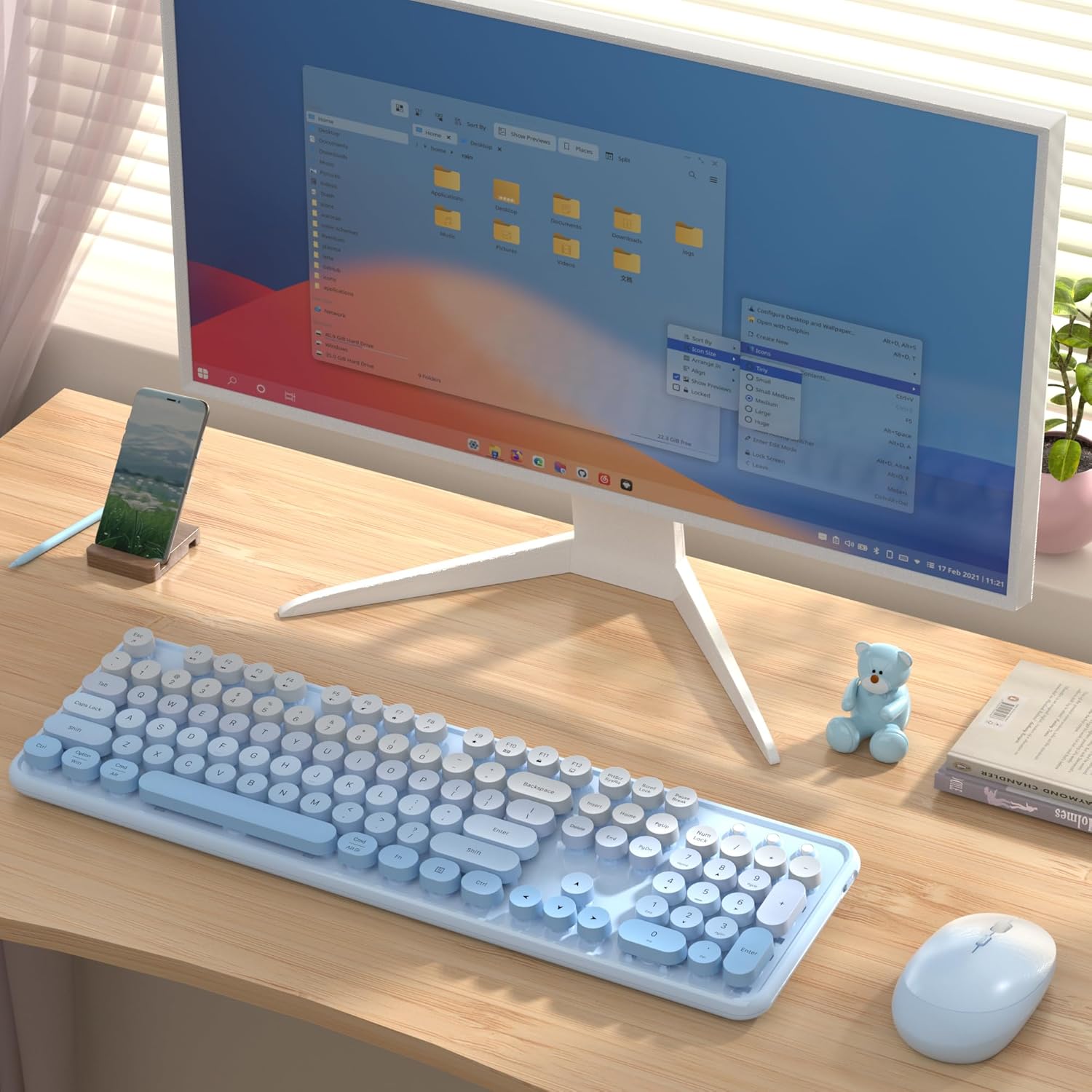 Colorful Wireless Keyboard and Mouse Combo, COVEVA 2.4GHz Wireless Retro Cute Round Keycaps Keyboard, 104 Keys Full-Sized Keyboard Mouse Set with Switch Button for PC Laptop Desktop (Blue Gradient)