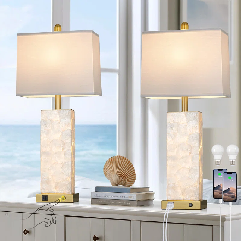 28” Elegant Shell-Inspired Table Lamp with USB Charging Ports, LED Bulbs and Nightlight