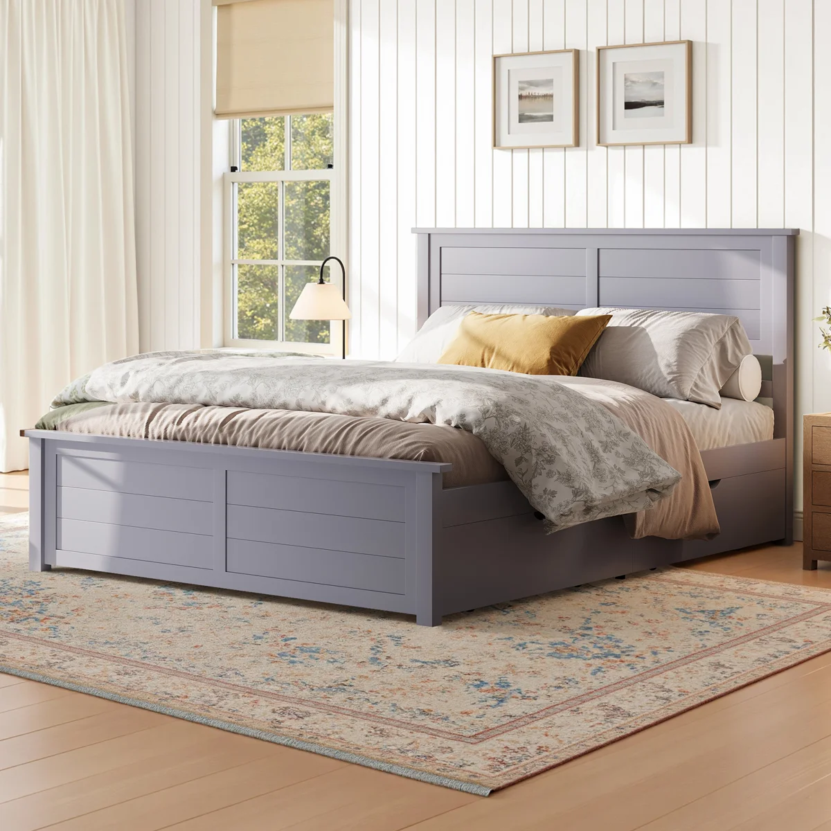 Solid Wood Platform Bed with 4 Storage Drawers