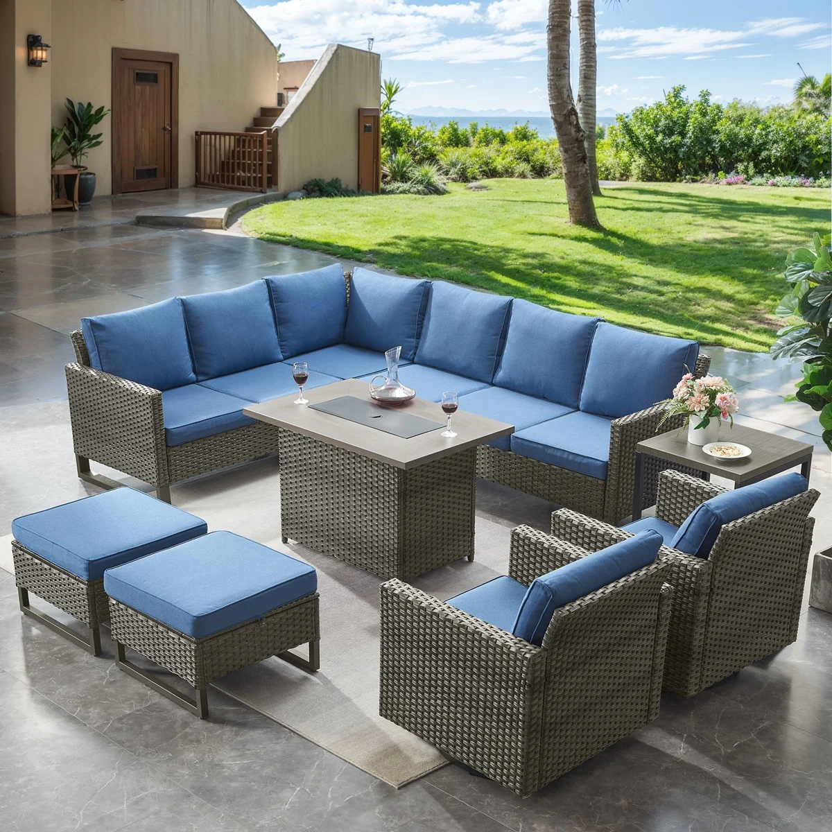 Hardware only Kreda 7-Piece 8-Person Powder Coated Steel Outdoor Seating Group