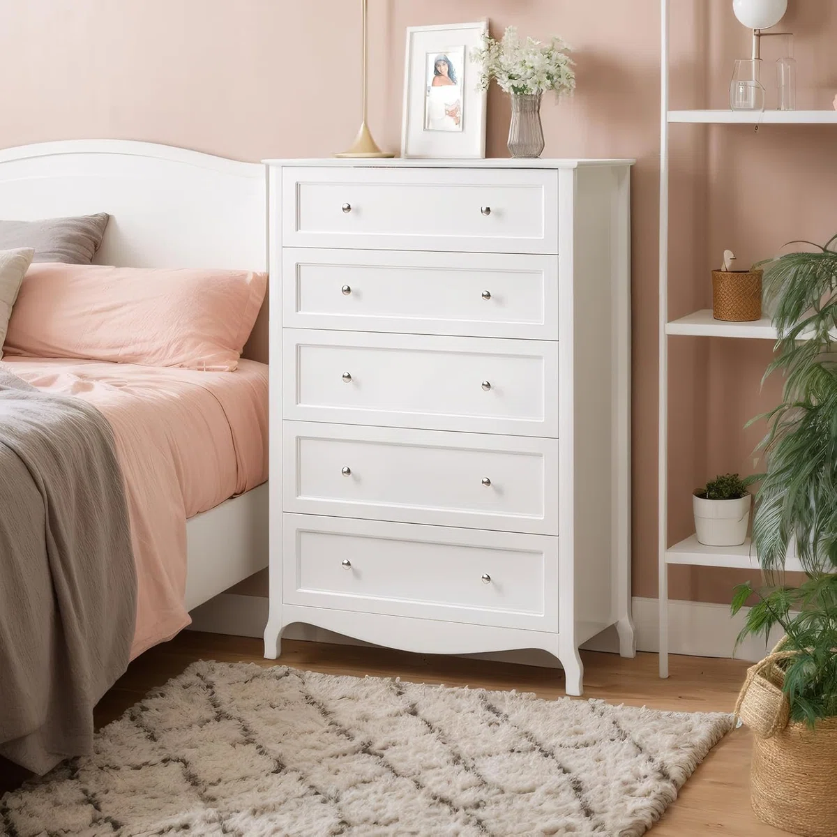 5 Drawer White Painted Harrietta Density Board 29.9X15.7X44.4 Inches