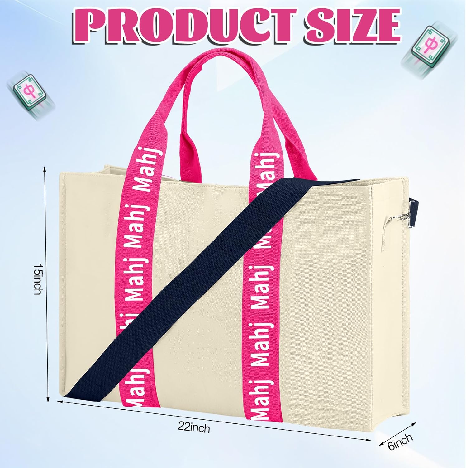 Empty Mahjong Bag for Tiles 22x15x6 Inches Thickened Canvas Mahjong Carrying Tote Bag with Lining and Thicker Handle for Enthusiasts Women or Men Party Supplies, Case Only(White and Hot Pink)