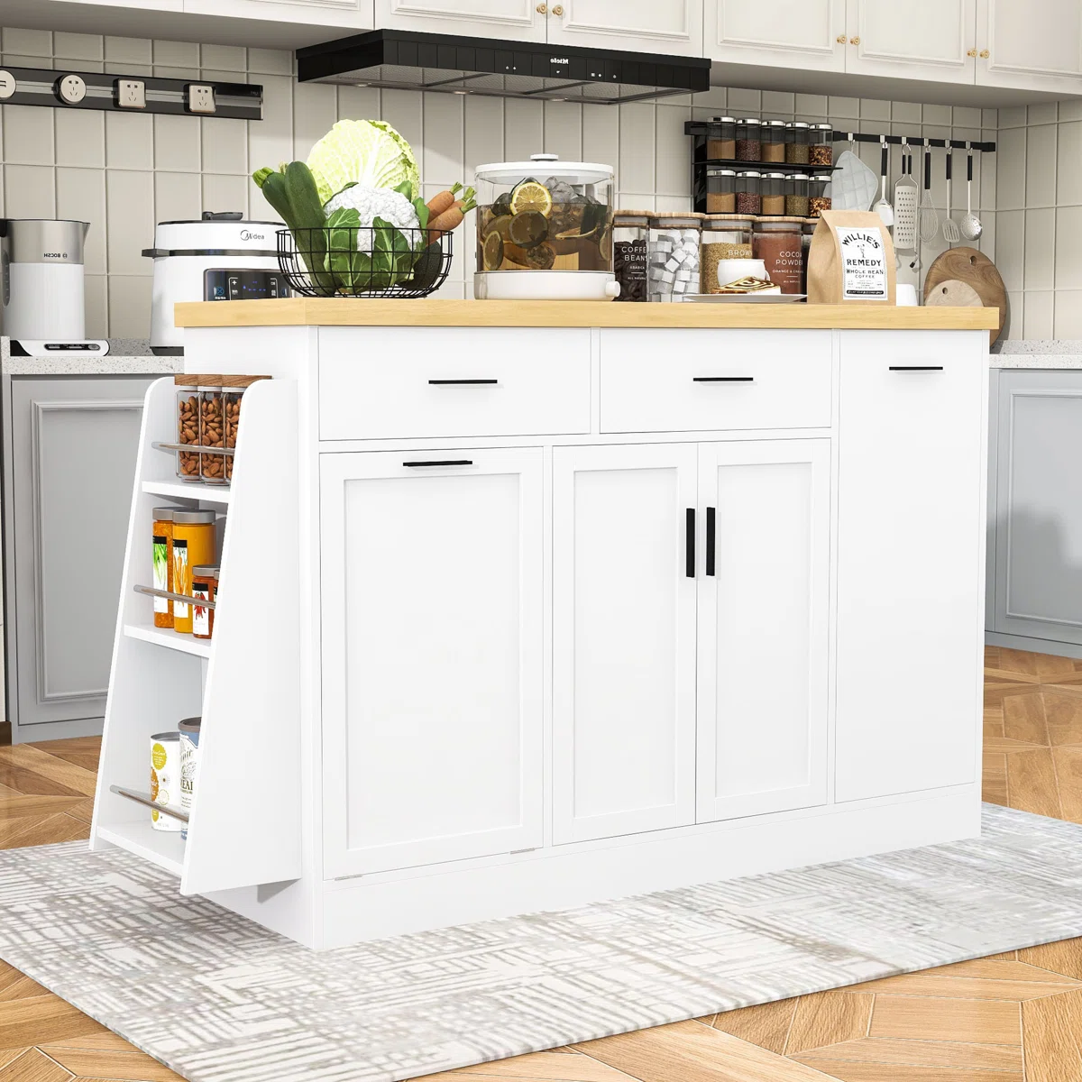 Stylish Kitchen Island with Hidden Trash Bin Compartment, Sliding Doors, Adjustable Shelf and Spice Rack (Incomplete, Box 1/2)