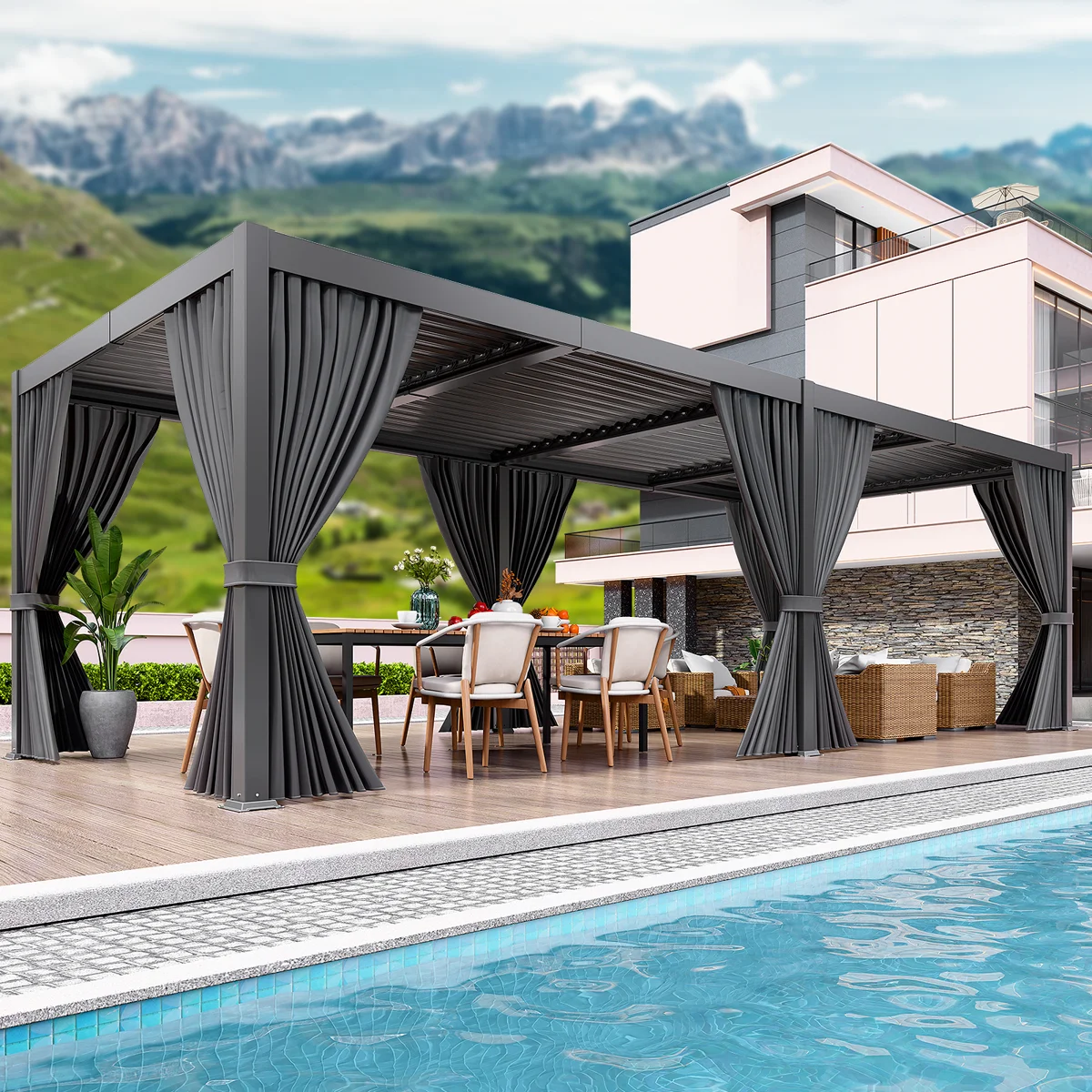 Outdoor Louvered Pergola With Adjustable Roof, Curtains, Netting And Gutter System, Metal Hardtop Gazebo For Garden, Deck, Backyard