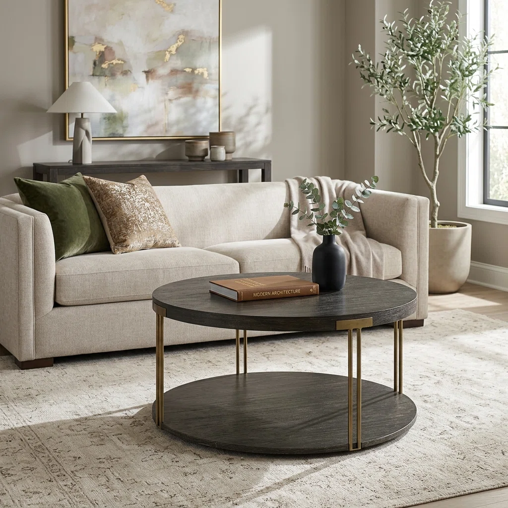 (Missing hardware+ 3legs)Fanney 35" Brushed Round Modern Cocktail Coffee Table with Wheels and Storage