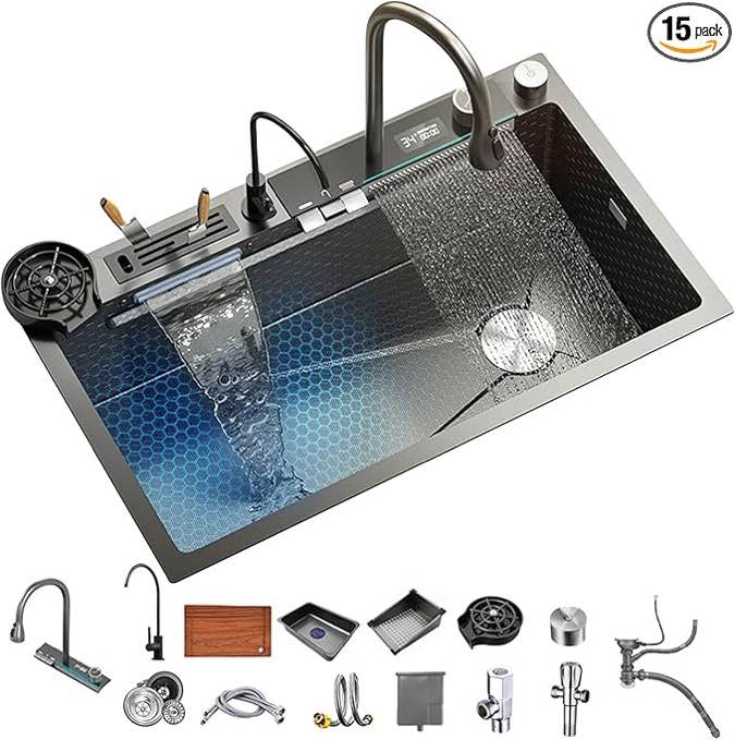 Kitchen Sink 304 Stainless Steel Single Bowl Kitchen Sinks, Digital Display Waterfall Sink, With Pull Down Sprayhead Faucet, With Pressurized Cup Washer and Two Waterfalls