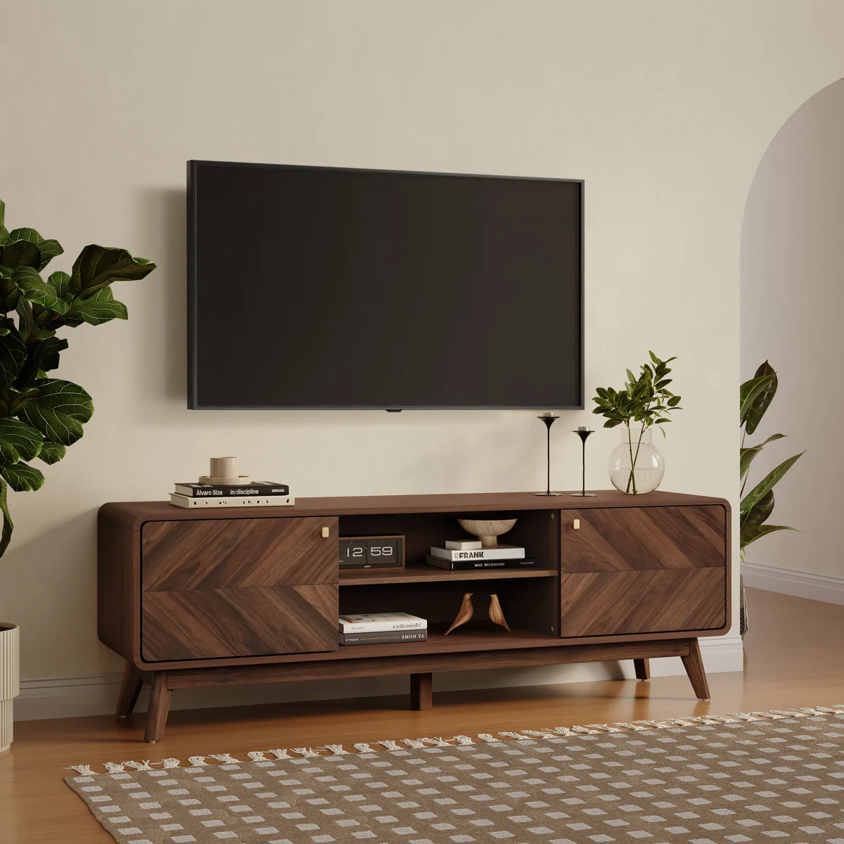 Theo 63-Inch Mid-Century Modern Credenza TV Console with Storage