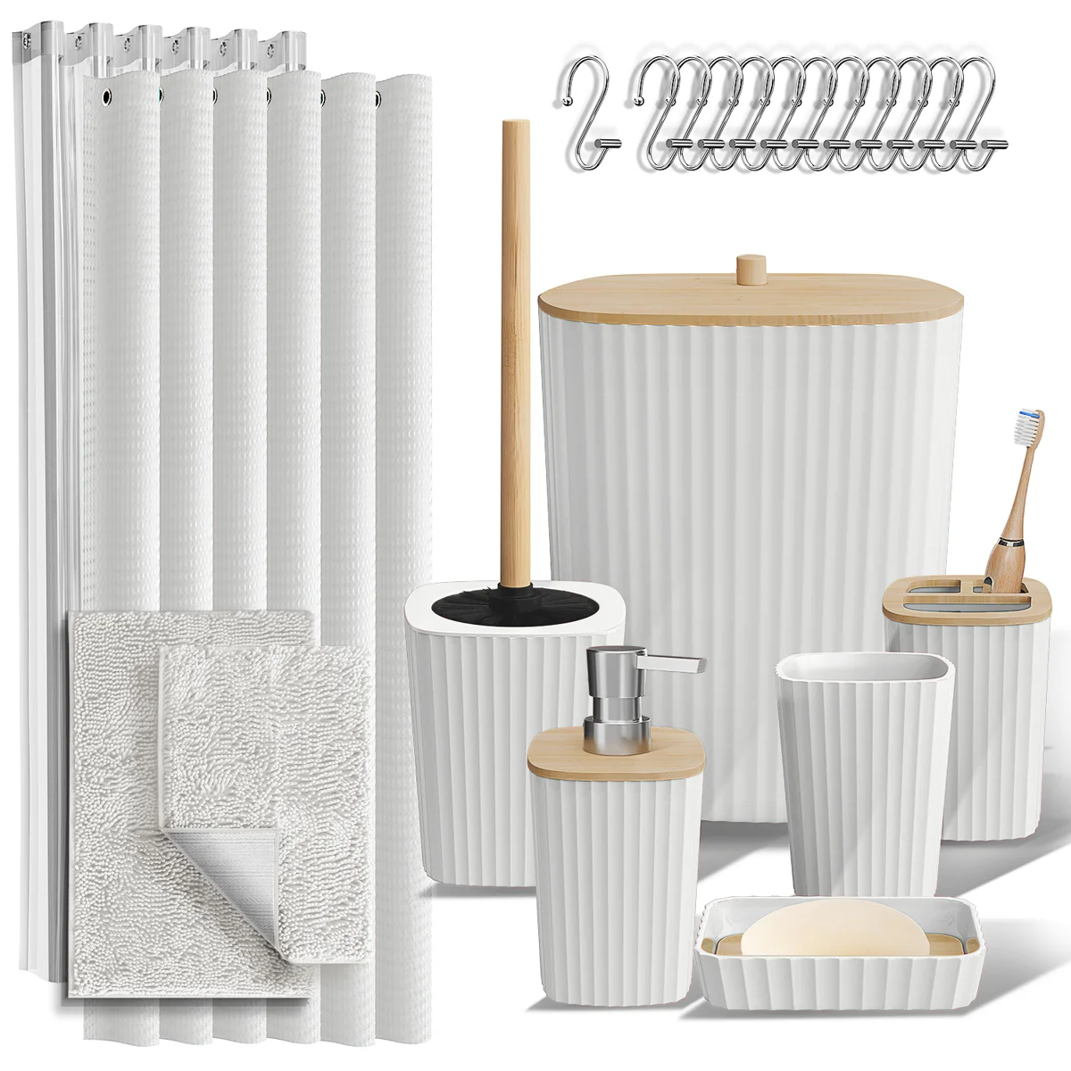 Complete 22 Piece Bathroom Accessory Set with Bath Rugs, Shower Curtain Set, Liner, and Hooks