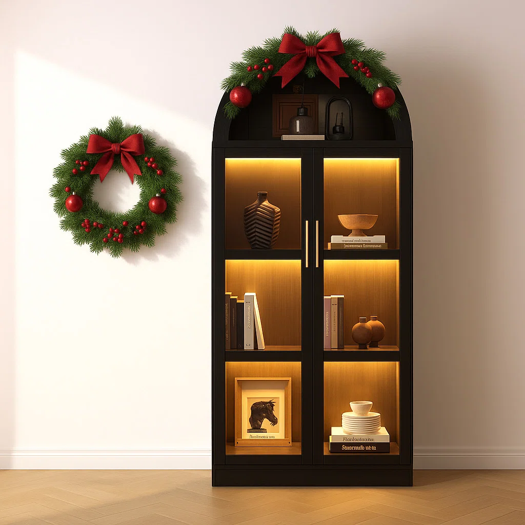 71” Arched Storage Curio Cabinet With Glass Doors, 3-Tier Led Display Cabinet For Collectibles
