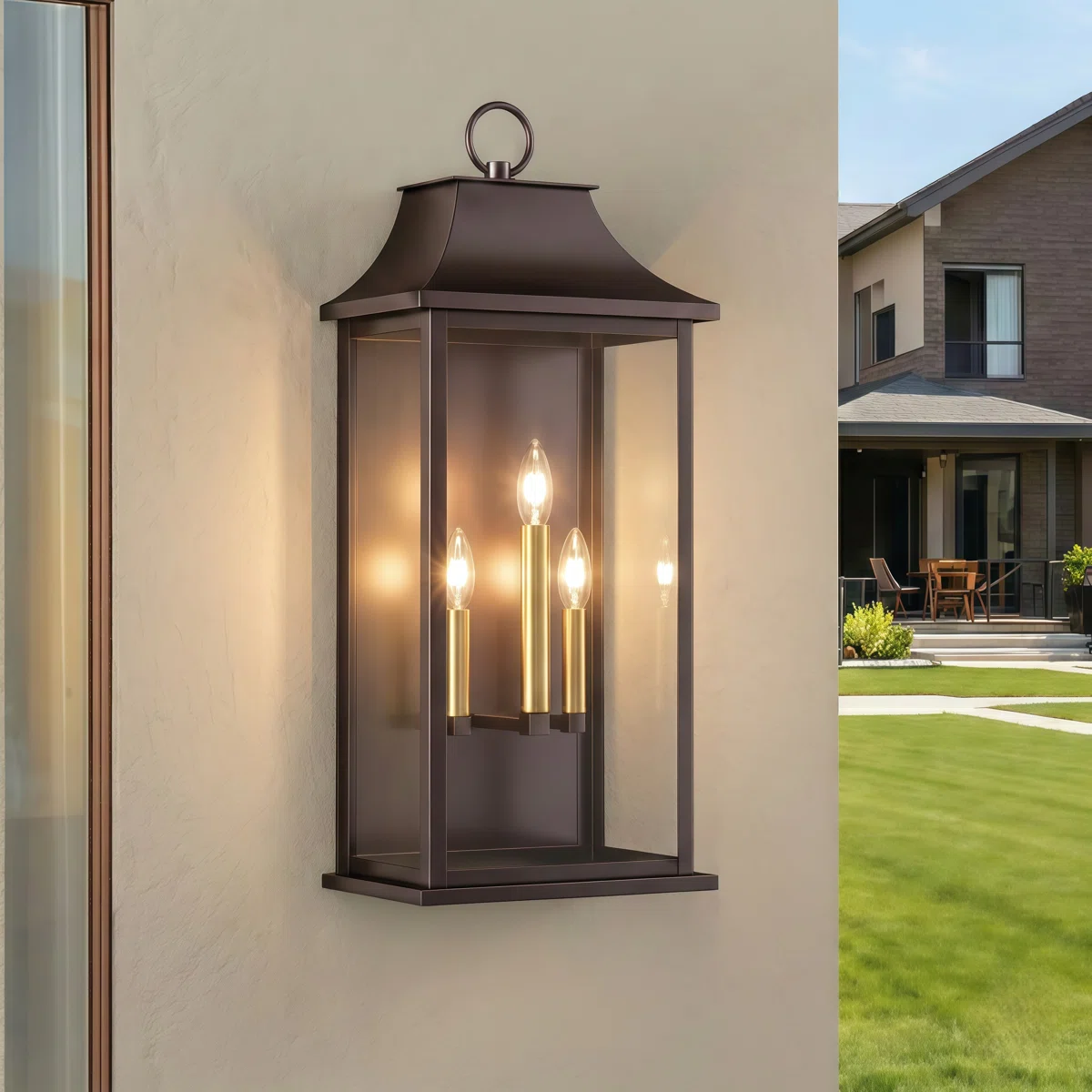 3 - Light 25''H Iron Etl Outdoor Wall Light With Dusk To Dawn And Tempered Glass