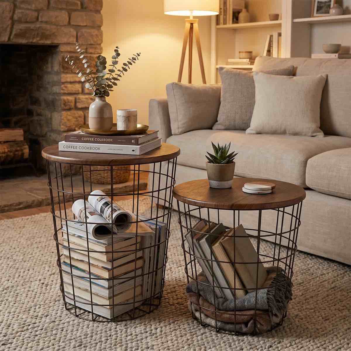 This Living Room Exclusive Nesting Side Table Set Includes Two Black Round Tables With Wooden Trim And A Metal Frame. It's Sturdy, Easy To Assemble, And Highly Practical.