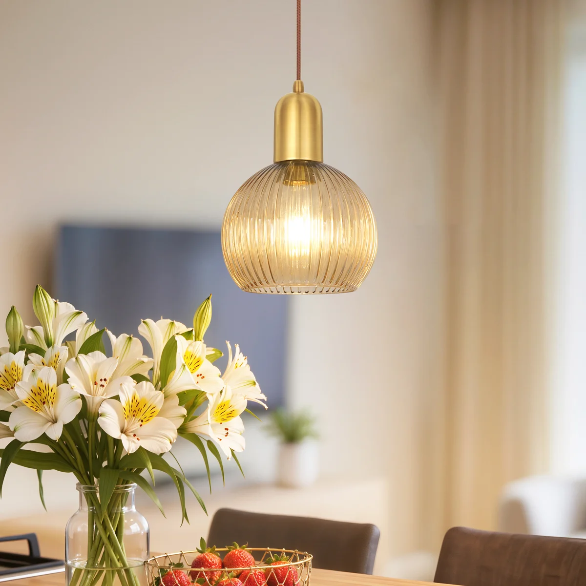 Modern Adjustable Brushed Gold Pendant Light With Amber Striped Glass Shade For Kitchen Island, Dining Room & Bathroom