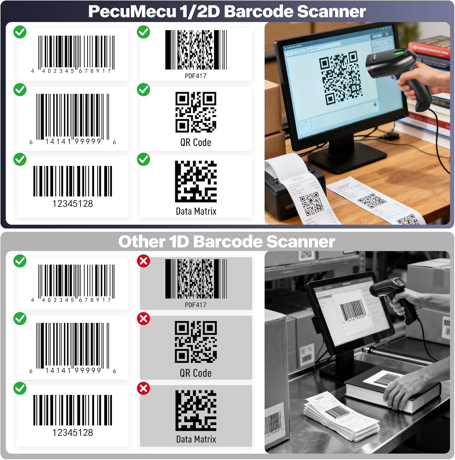 Bluetooth 1D&2D Barcode Scanner, 3-in-1 Bluetooth & USB Wired & 2.4G Wireless QR Barcode Reader, PDF417 Data Matrix Handheld Bar Code Scanner Work with Windows, Android, iOS (TM-10B) Wireless 2D Barcode Scanner
