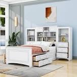 (Box One Only) Brandace Twin Size Wood Platform Bed With Drawers and Shelves