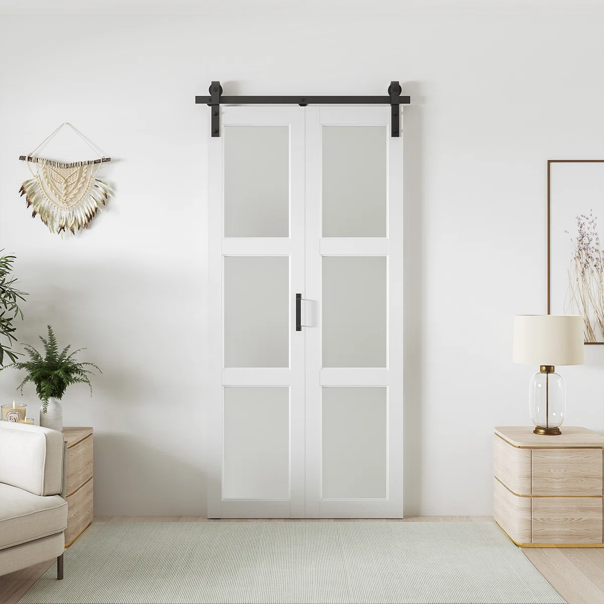 3-Lite 84" Manufactured Wood and Glass Paneled Bifold Barn Door with Installation Hardware