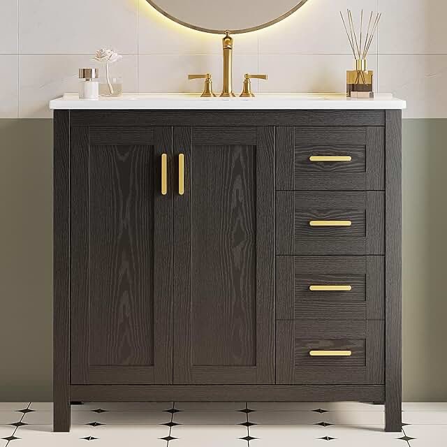 (DAMAGED) 36 Bathroom Vanity With Ceramic Sink, Black Single Sink Vanity For Bathroom With Doors \u0026 Drawers, Built-in Power Outlet