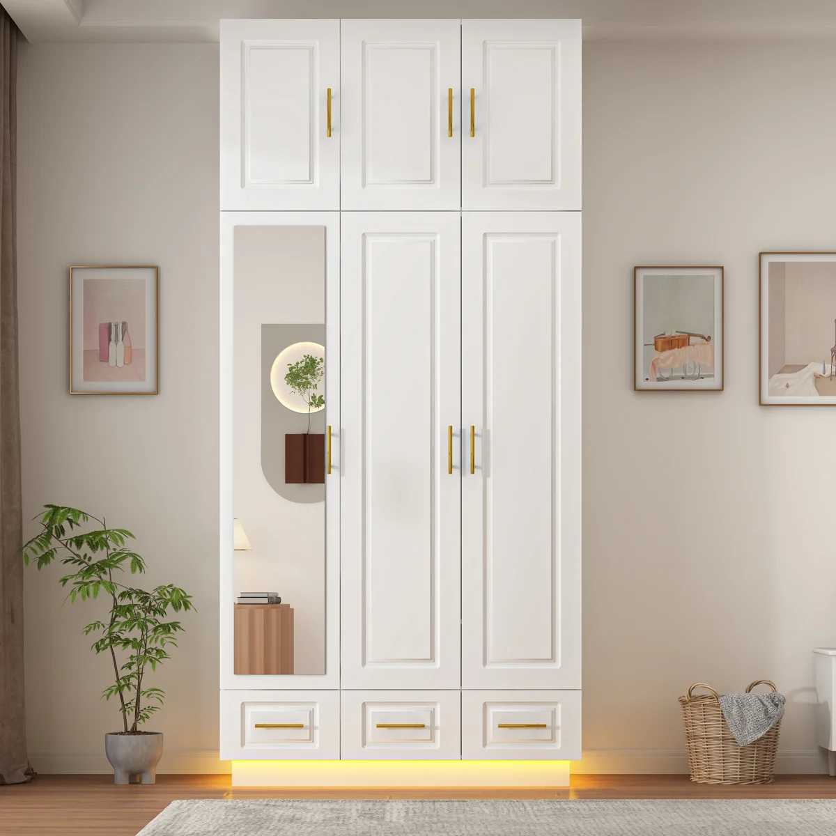 3 Door Armoire Wardrobe Closet , 94.5'' LED Wardrobe Armoire With 3 Drawers, Hanging Rod & Shelves For Bedroom