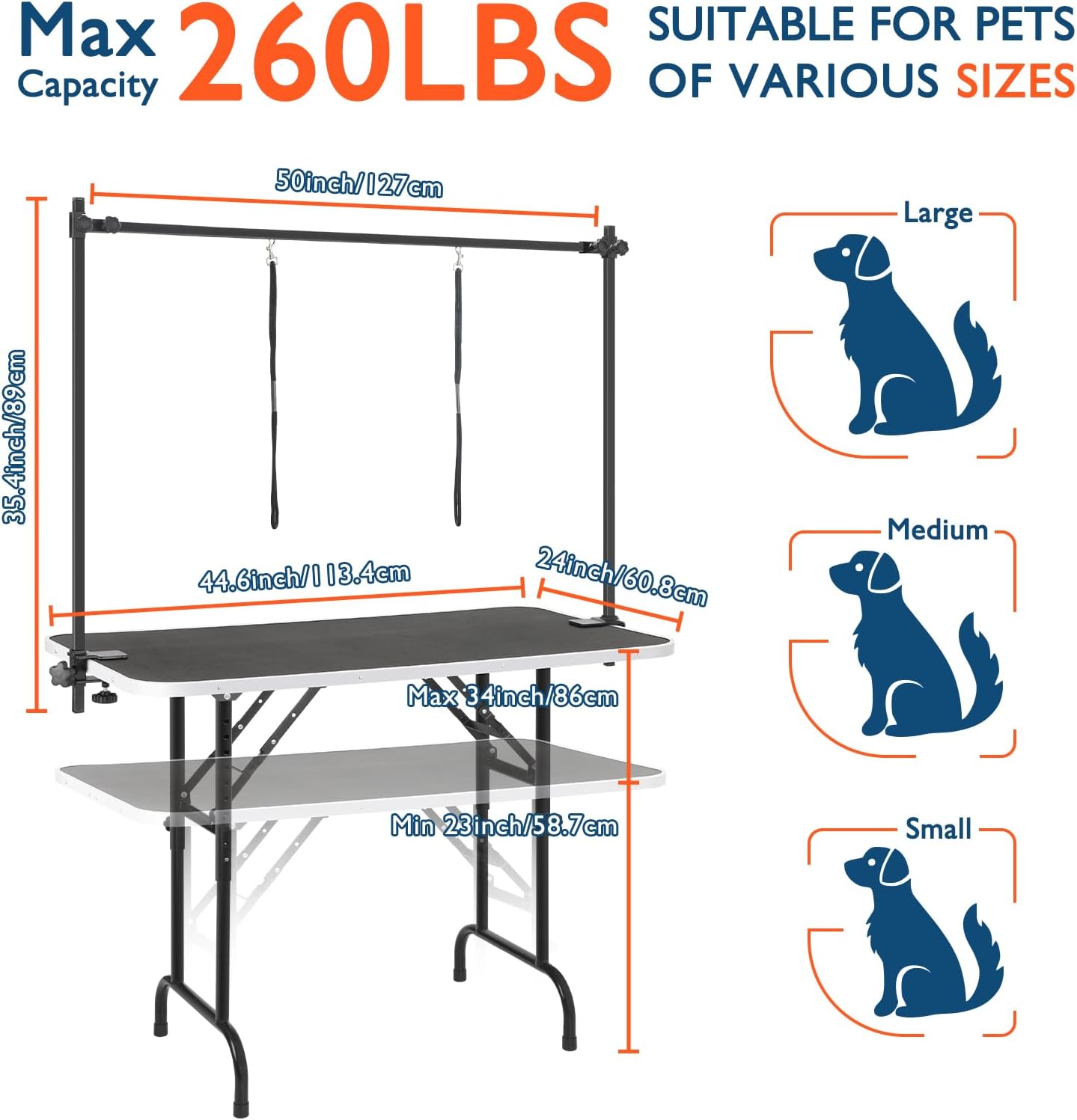 LEIBOU 45'' Height Adjustable(23''~33.8'') and Foldable Pet Dog Grooming Table Heavy Duty Iron Frame with H-Shape Grooming Arm & Noose, Maximum Capacity Up to 260lbs, Black 45'' Black