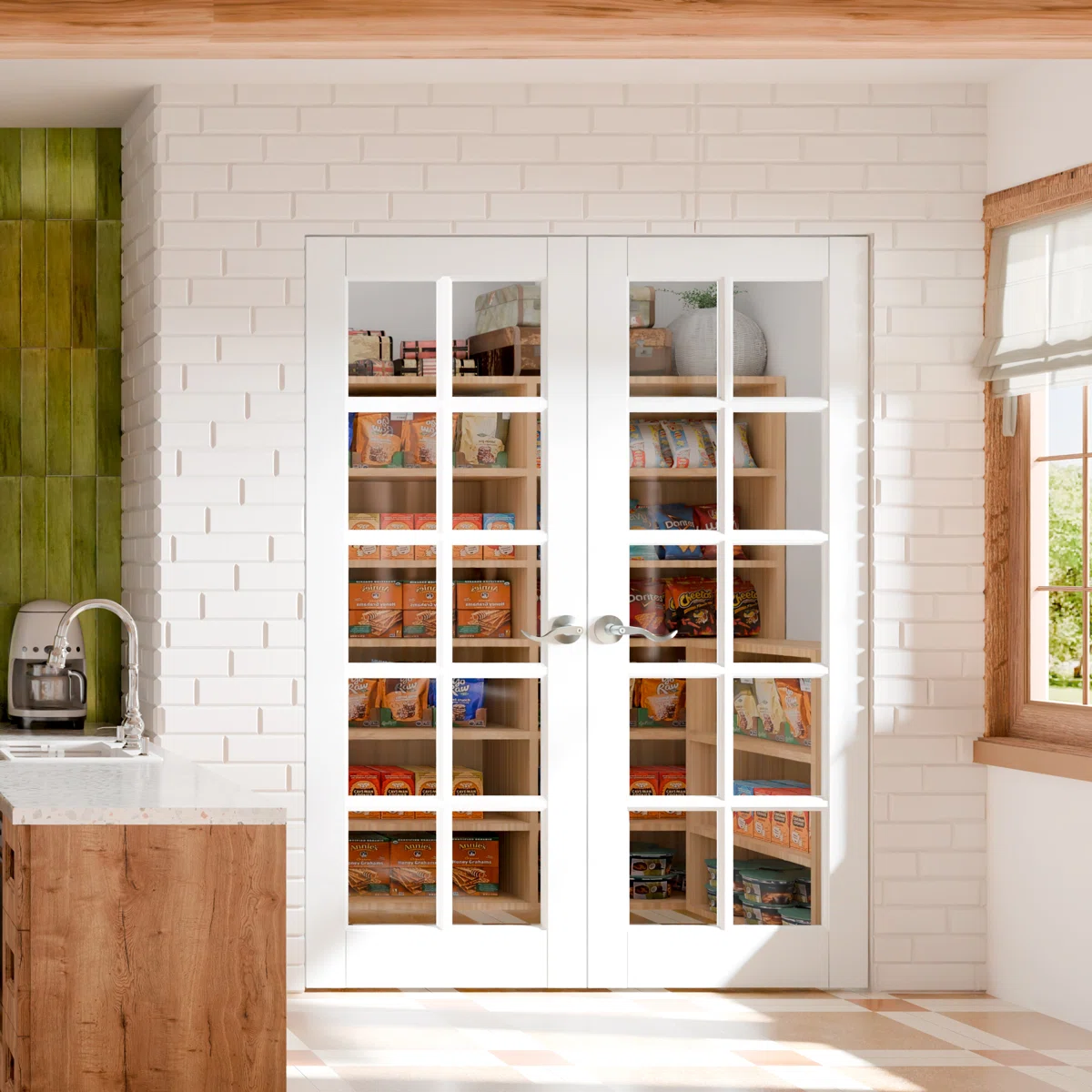 Interior Pantry French Doors - 1-Lite Frosted Standard Door Slab Prefinished Pine Solid Core Doors With Handle (No Frame)