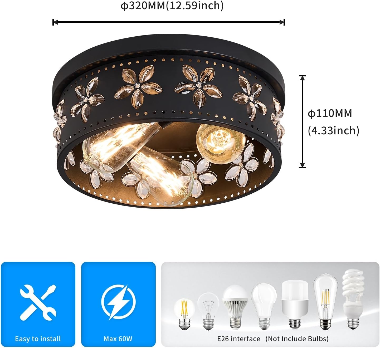 12.6 inch Black Flush Mount Ceiling Light Fixtures, 3-Light Ceiling Mount for Industrial, Crystal Light Fixtures for Farmhouse, Bedroom, Living Room, Kitchen, Hallway and Foyer (2 Pack) Black 12.6 inch-2 Pack
