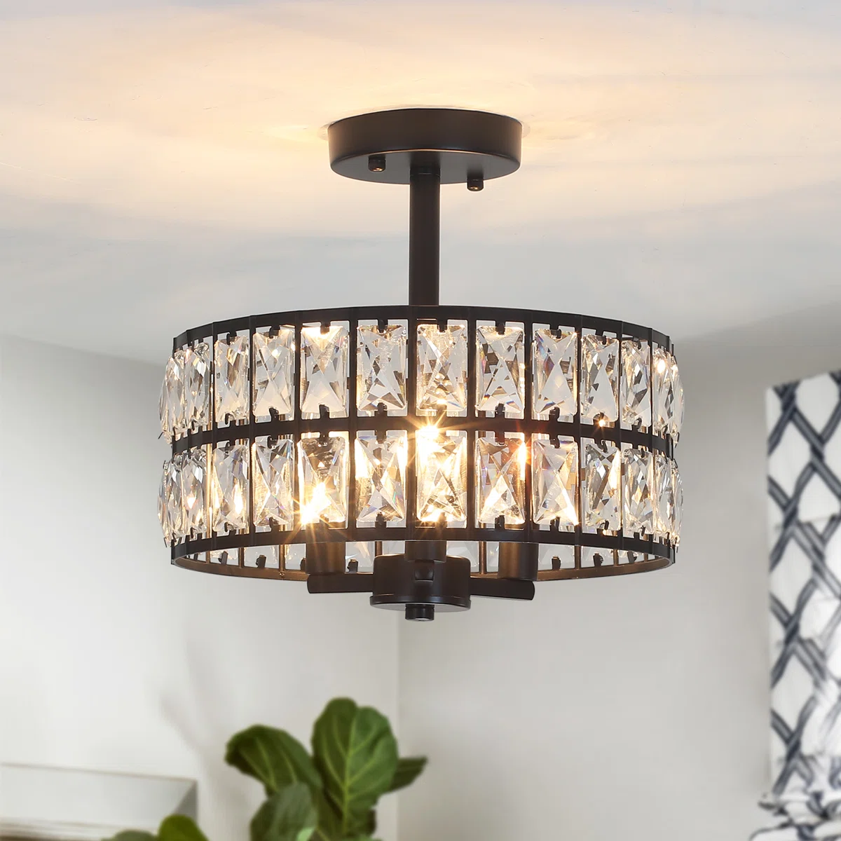 3-Light Crystal Ceiling Light Fixture Semi Flush Mount Chandelier with Drum Shade