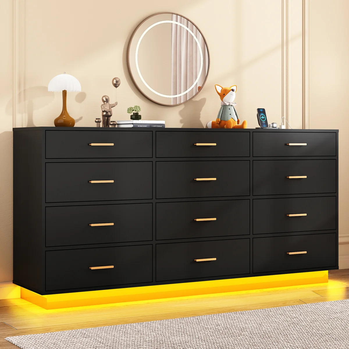 12 Drawer Dresser With LED Lights and Charging Station For Bedroom, Living Room, Entryway, and Hallway