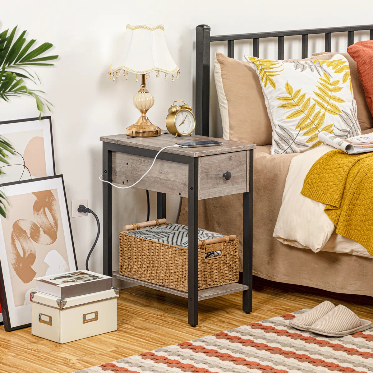 Huspon 24" End Table with Storage and Charging Station