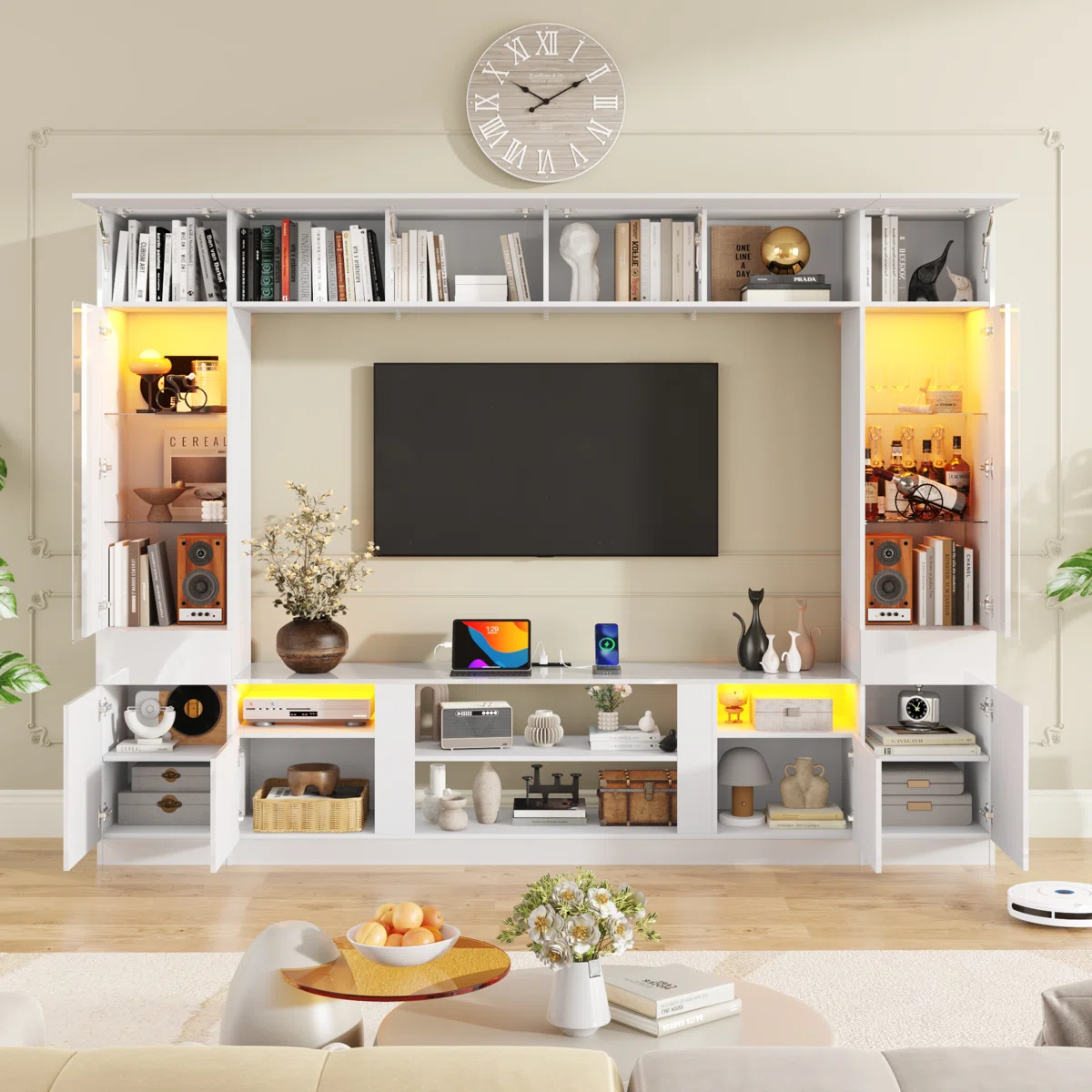 107" Fireplace Wall Unit Entertainment Center With Bookshelves, Modern TV Stand With Storage Shelves & Bridge Cabinet & LED Lights, Media Console For Living Room Home Theater