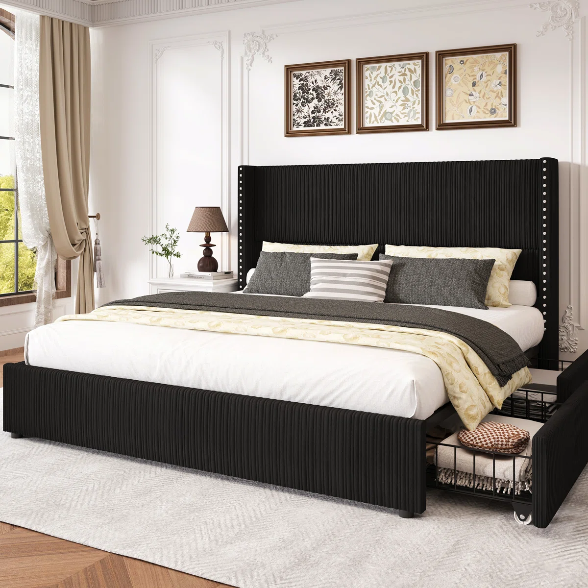 (Missing head + footboard)Upholstered Corduroy Bed Frame With 4 Storage Drawers,With Vertical Stripe Wingback Headboard