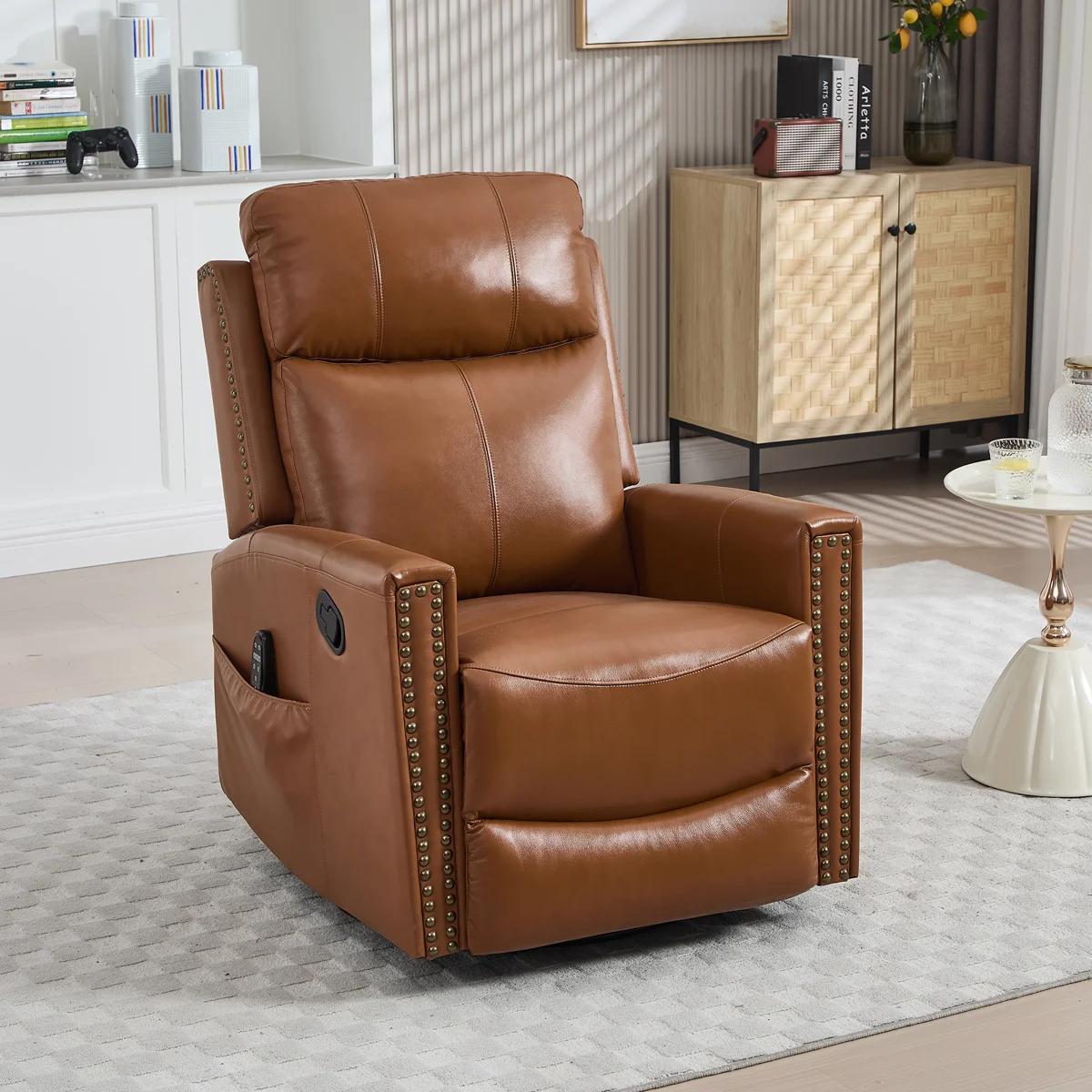 30.5 "W Manual Genuine Leather Rocking Recliner, Swivel Chair, Vintage Recliner With Heated Massage