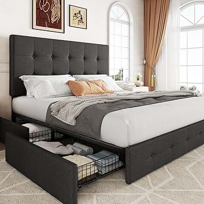 (INCOMPLETE BOX 1 of 2) Amerlife Upholstered Bed Frame With 4 Storage Drawers, Light Grey,