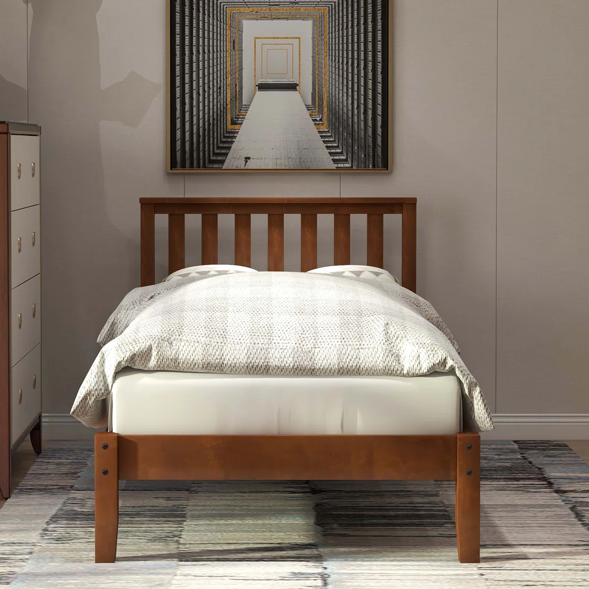 Wood Platform Bed With Headboard/Wood Slat Support.Twin
