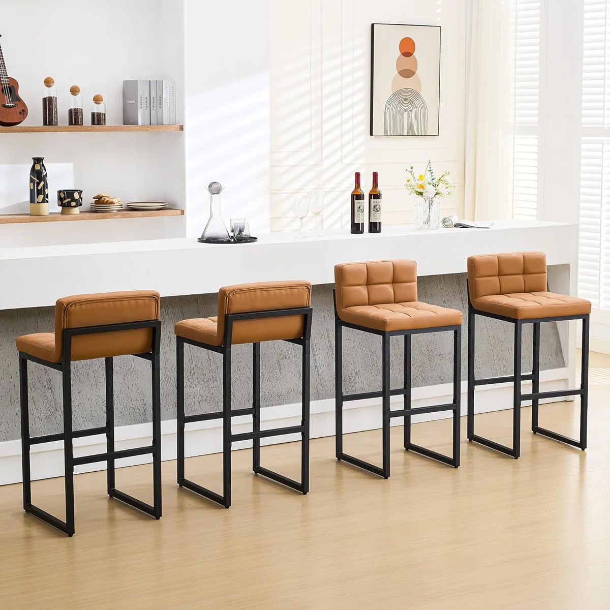Upholstered Low Back Bar & Counter Stool with Thickened Metal Frame for Kitchen Island