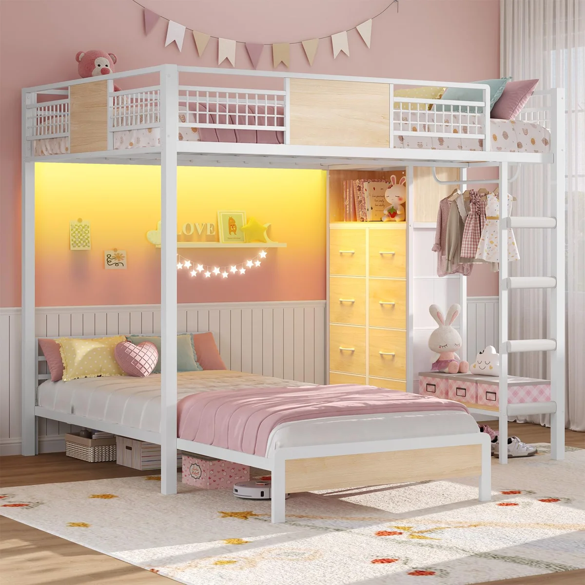 Box b Full Over Twin Bunk Bed With 8 Storage Drawers, Metal Loft Bed With Led Lights And Storage Shelves,
