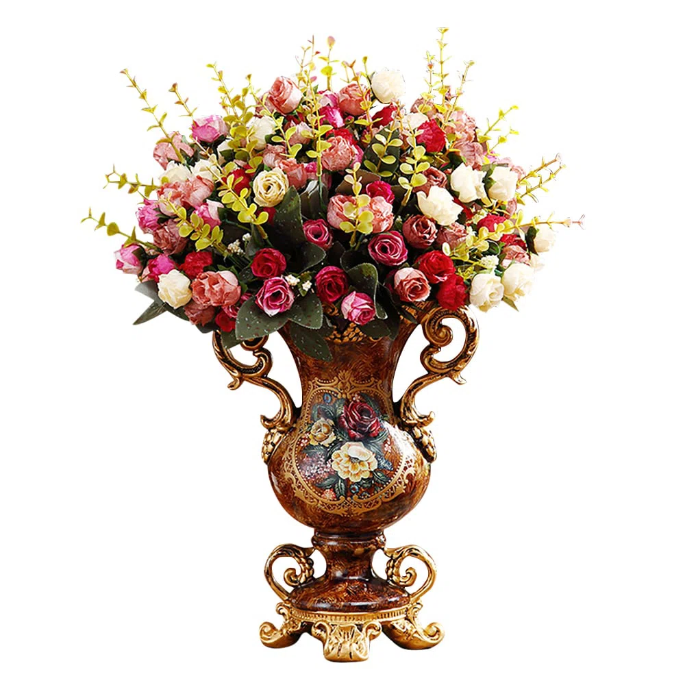 European Artificial Vintage Flower Arrangement Vase Set Golden Resin Vase Fake Flower