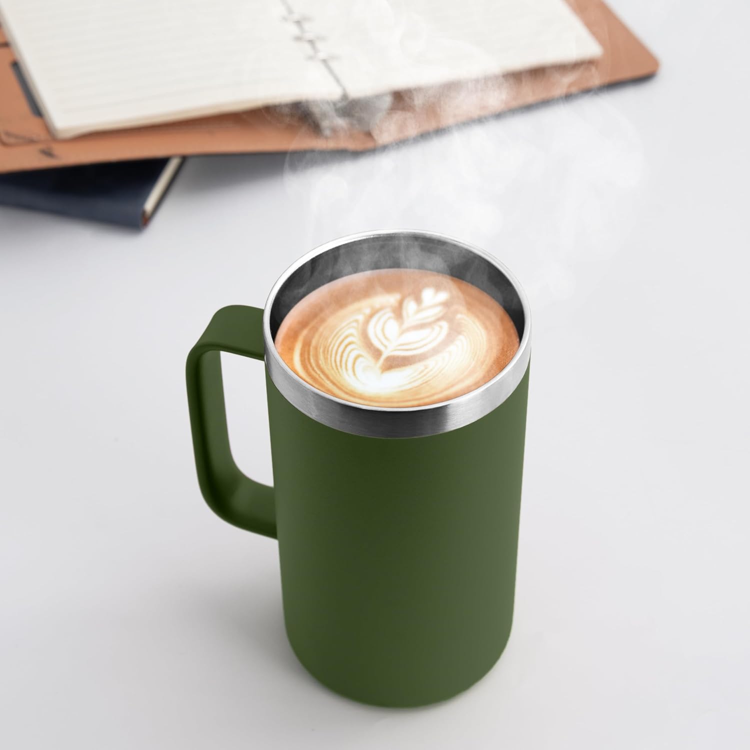 DOMICARE 24oz Mug with Handle and Lid, Stainless Steel Coffee Mug, Reusable Insulated Cup, Travel Mug with Handle, Double Wall Vacuum Coffee Tumbler for Men and Women, Army Green, Pack 1 Army Green 1