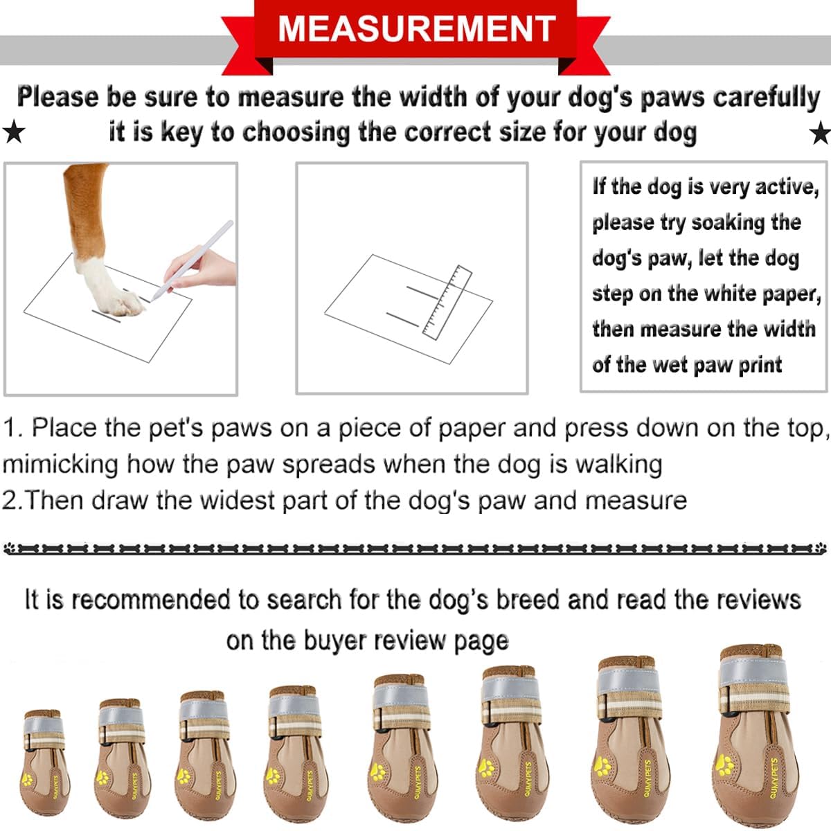 QUMY Dog Shoes for Large Dogs, Medium Dog Boots & Paw Protectors for Winter Snowy Day, Summer Hot Pavement, Water-Resistant in Rainy Weather, Outdoor Walking, Indoor Hardfloors Skid-Resistant Sole Khaki Size 1: 1.8''x2.3''(W*L) (Pack of 4)