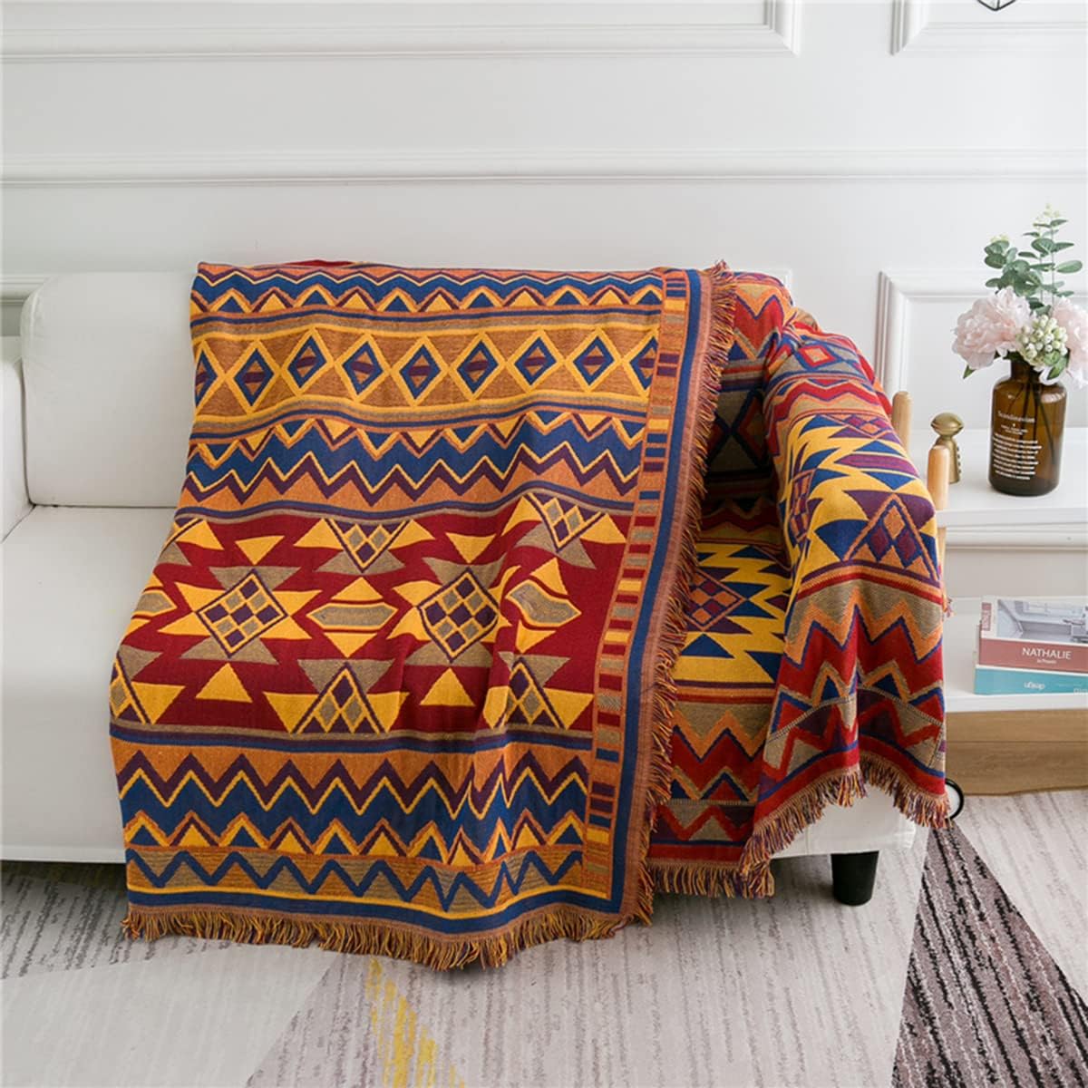 Boho Throw Blankets Reversible Woven Blankets Cover Hippie for Couch Bed Recliner Sofa Bohemian Tapestry Colorful Furniture Protector Cover for Home Décor, Astrology, Double Side, 50x70 New Geometric 50x70inch