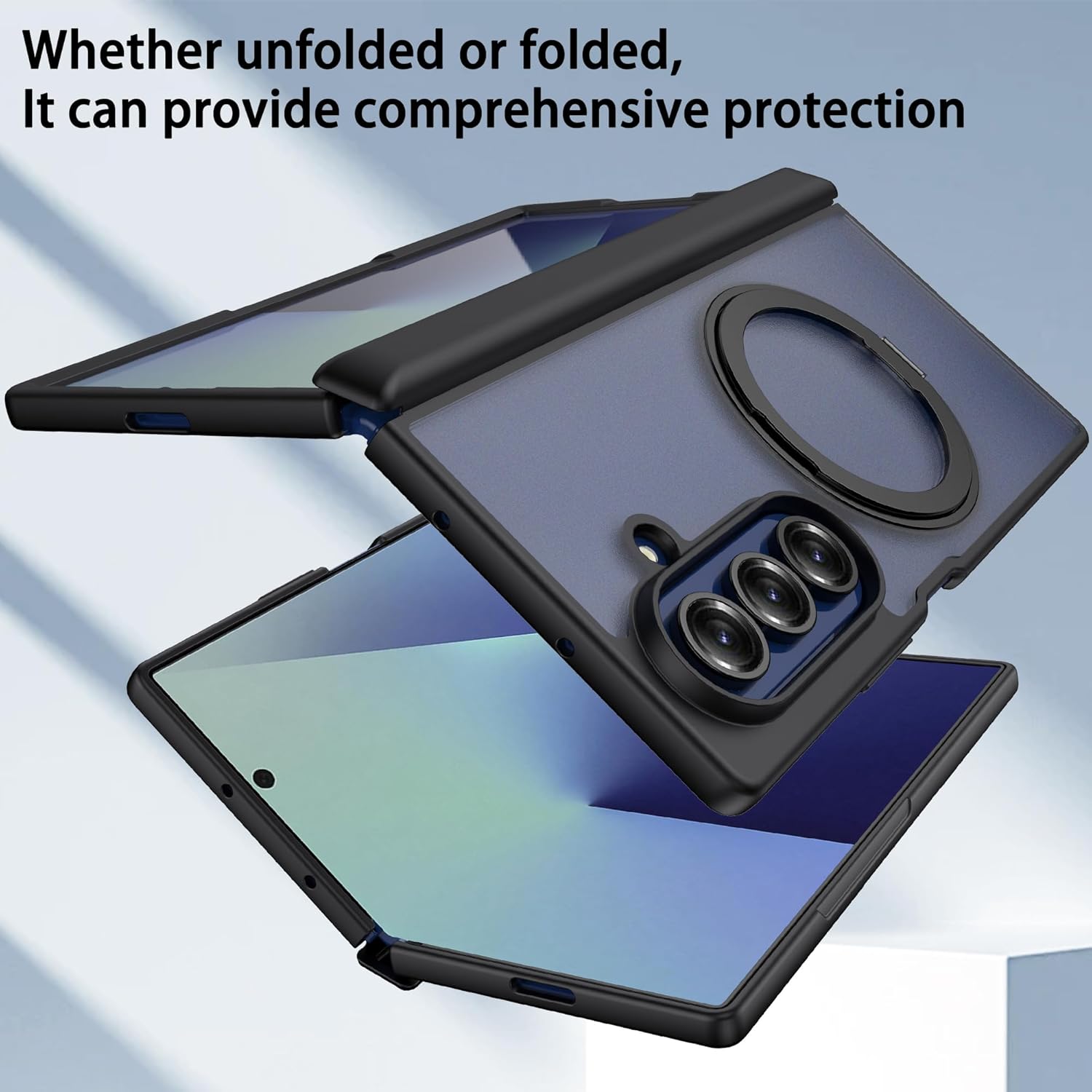 for Samsung Galaxy Z Fold 7 Case Accessories with Ring Holder 360° Rotation Hinge Protection Screen Protector Transparent Design Fully Enclosed 2025(Black)
