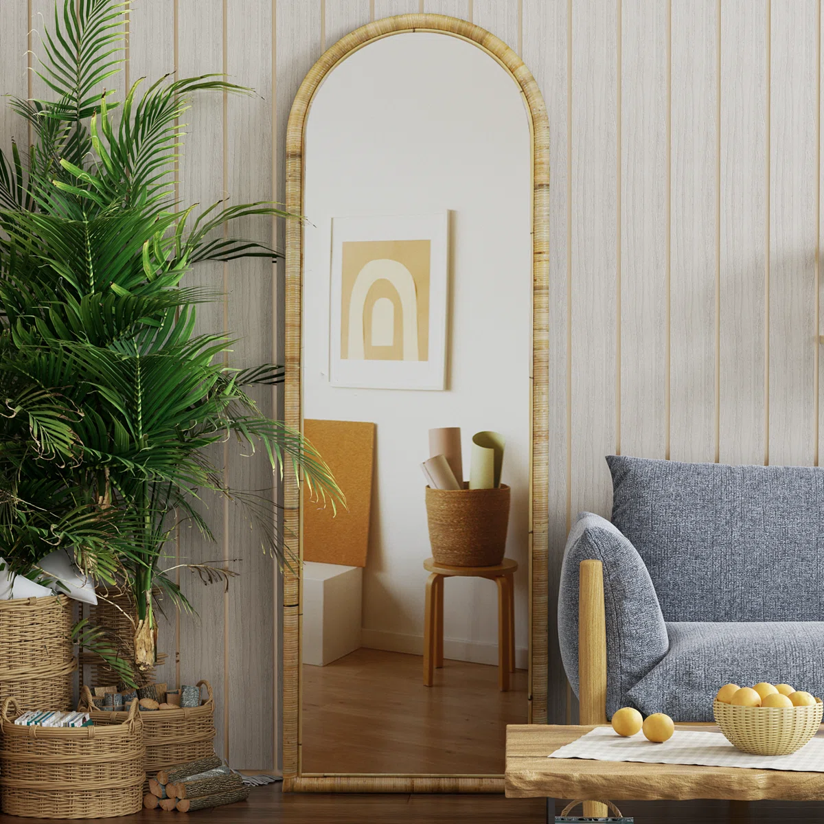 (Mirror broken) Elize Arch Rattan Full Length Mirror, 63'' x 20'' Full Body Floor Mirror for Bedroom Cloakroom