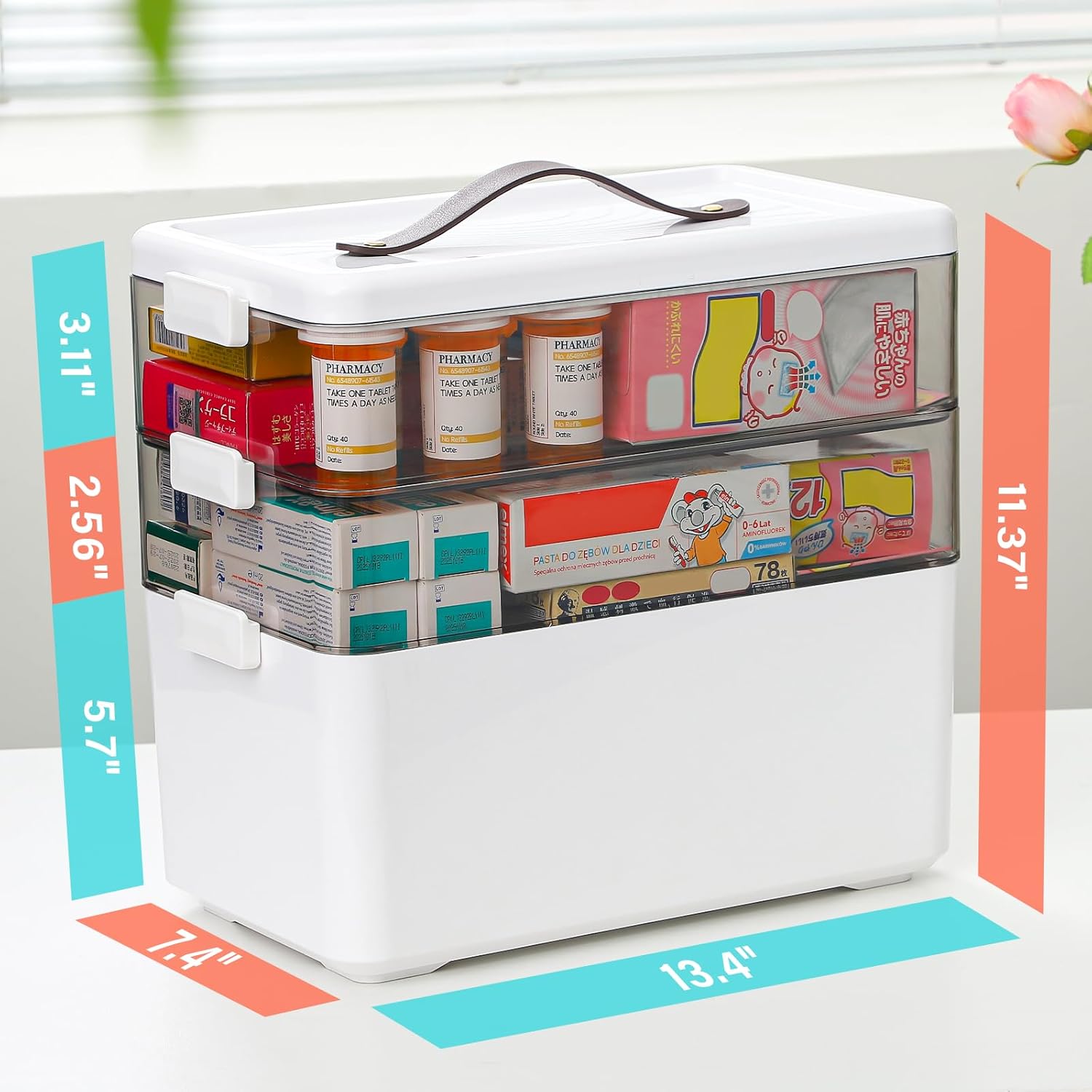 Extra Tall 3-Tier Medicine Cabinet Organizer for Upright Medicine Bottles Organizer, Portable Medicine Storage Box with Leather Handle, Empty First Aid Kit Container for Home, Travel