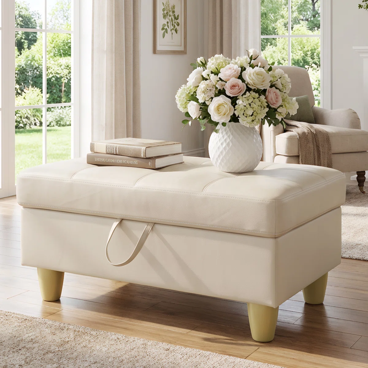 Rectangular Storage Ottoman Bench With Hinged Lid, Faux Leather Footrest For Living Room, Bedroom, Entryway