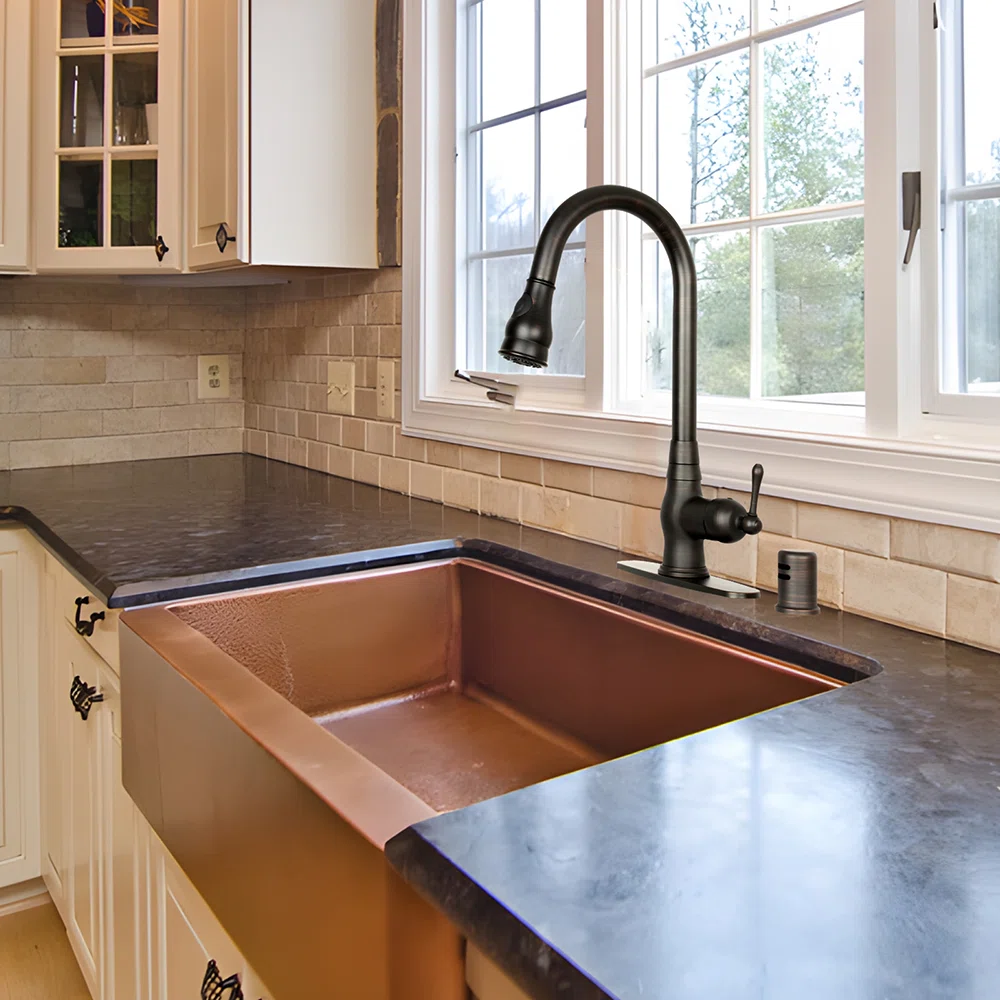 (DAMAGED) Copper Pull Down Kitchen Faucet with Single Handle Deck Plate Included
