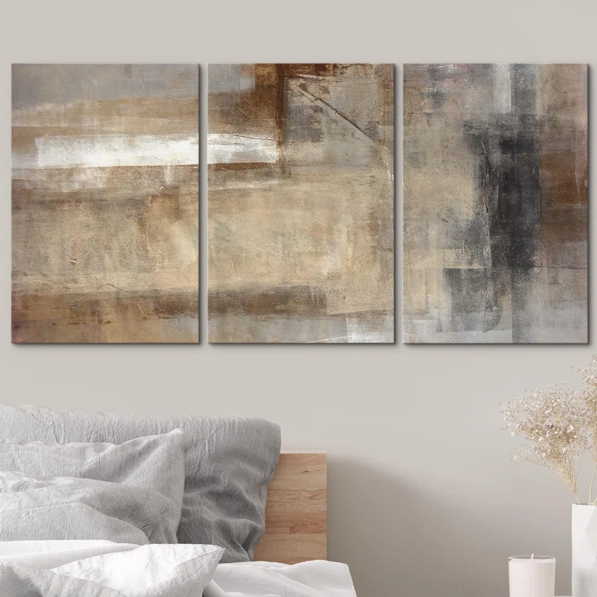 Grunge Abstract Paint Stroke Effect "Neutral Tan Brown Artwork, Rustic Living Room Wall Pictures, Large Framed Canvas Giclee Print 3 Pieces Wall Art Set" 16"x24"x3 pcs, 24"x36"x3 pcs (Damaged, See Description)