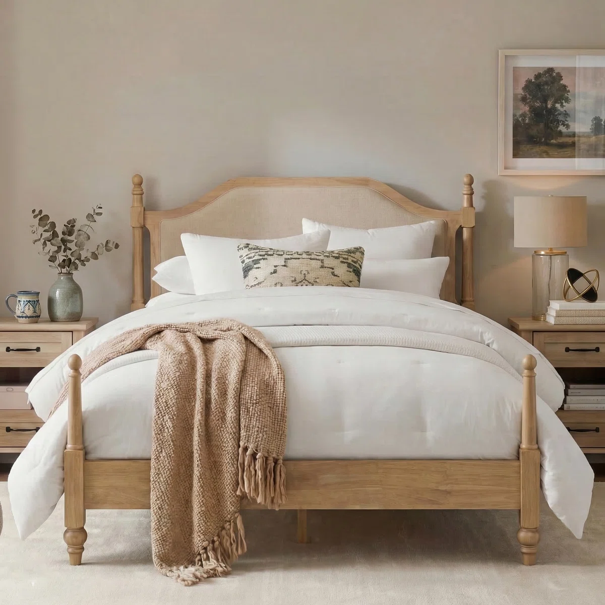 Box 2 Queen Size Bed Frame With Headboard, No Box Spring Needed, Wooden Slat Support, Mattress Foundation Bedroom Furniture, Easy Assembly, Oak