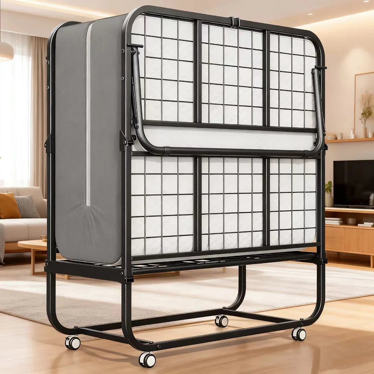Folding Bed with 5" Memory Foam Mattress, Roll Away Beds with Metal Frame for Adults, Portable Foldable Bed with Wheels and Dustproof Bag