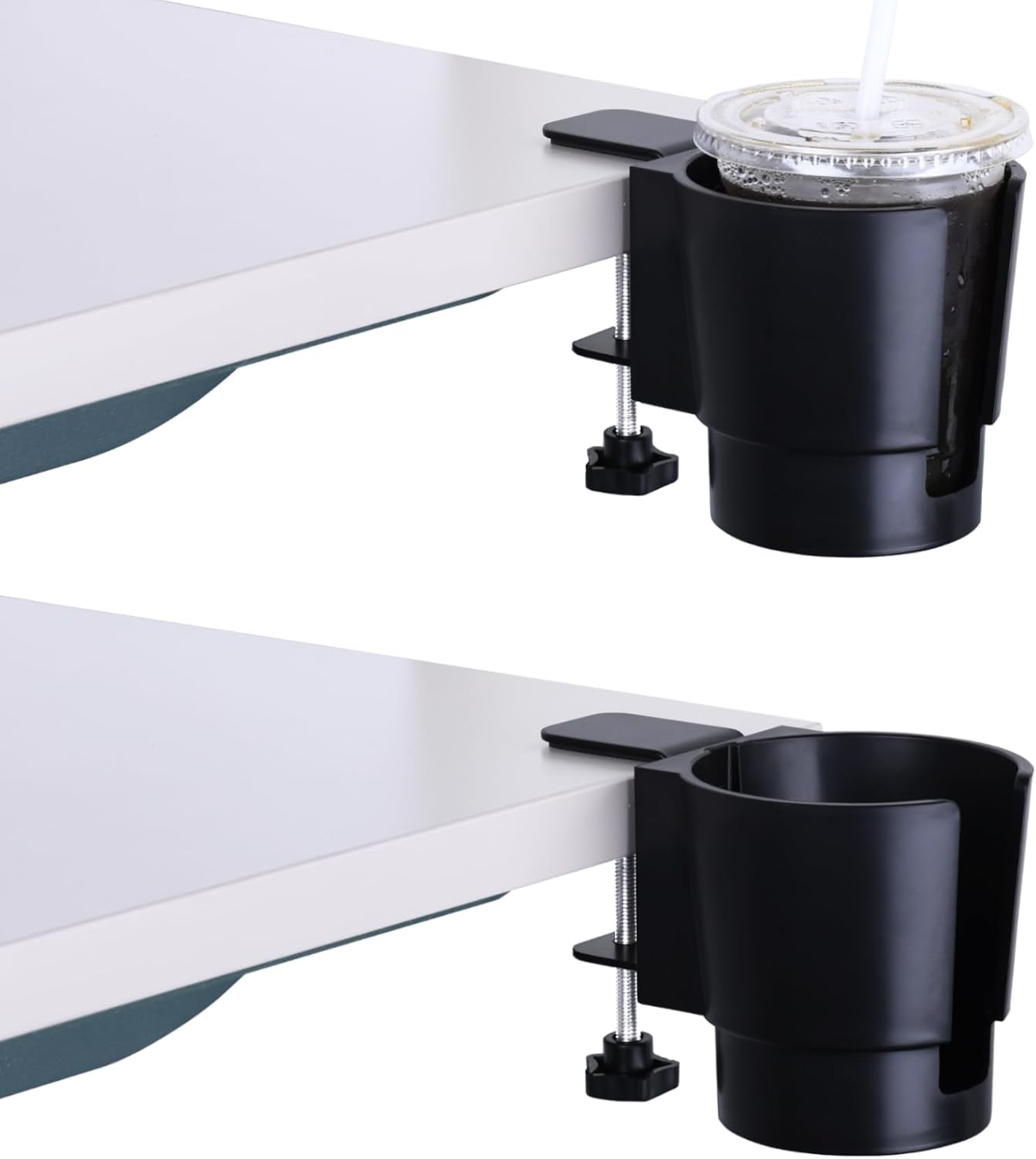 Universal Large Desk Cup Holder Clamp on, Heavy Duty Plastic Drink Holder for Table, Porch Swing, Patio Chair, Clip On Anti-Spill Bottle Holder for Most Cups, Bottles, Cans, Tumbles, Black, Pack of 1