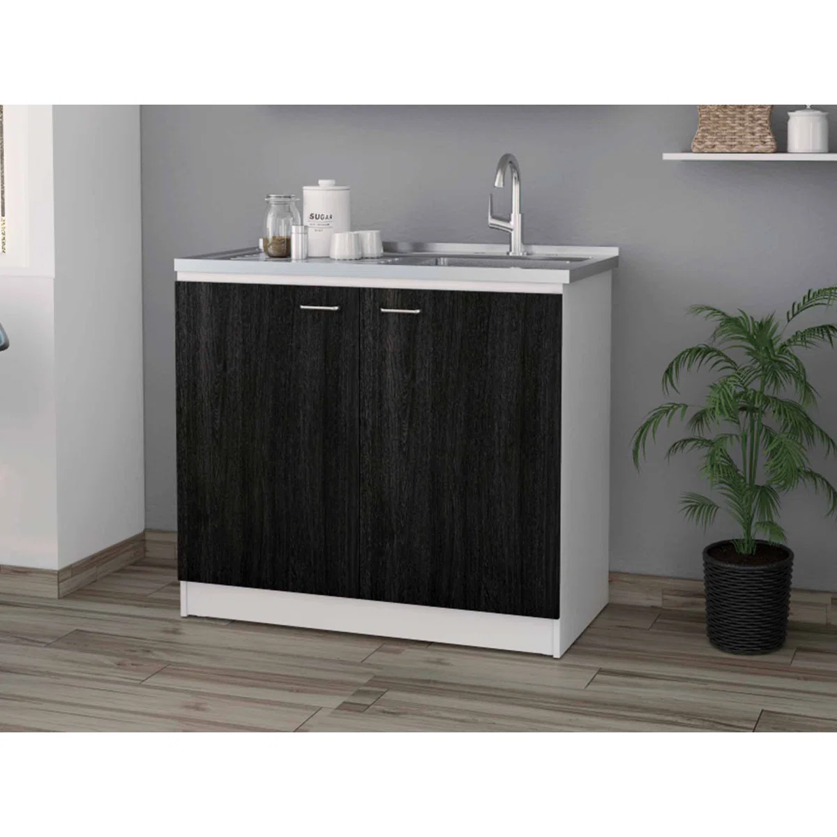 (“Broken Base  good Sink with hardware”) Napoles Utility Sink Cabinet With Integrated Steel Sink, Dark Walnut Frame