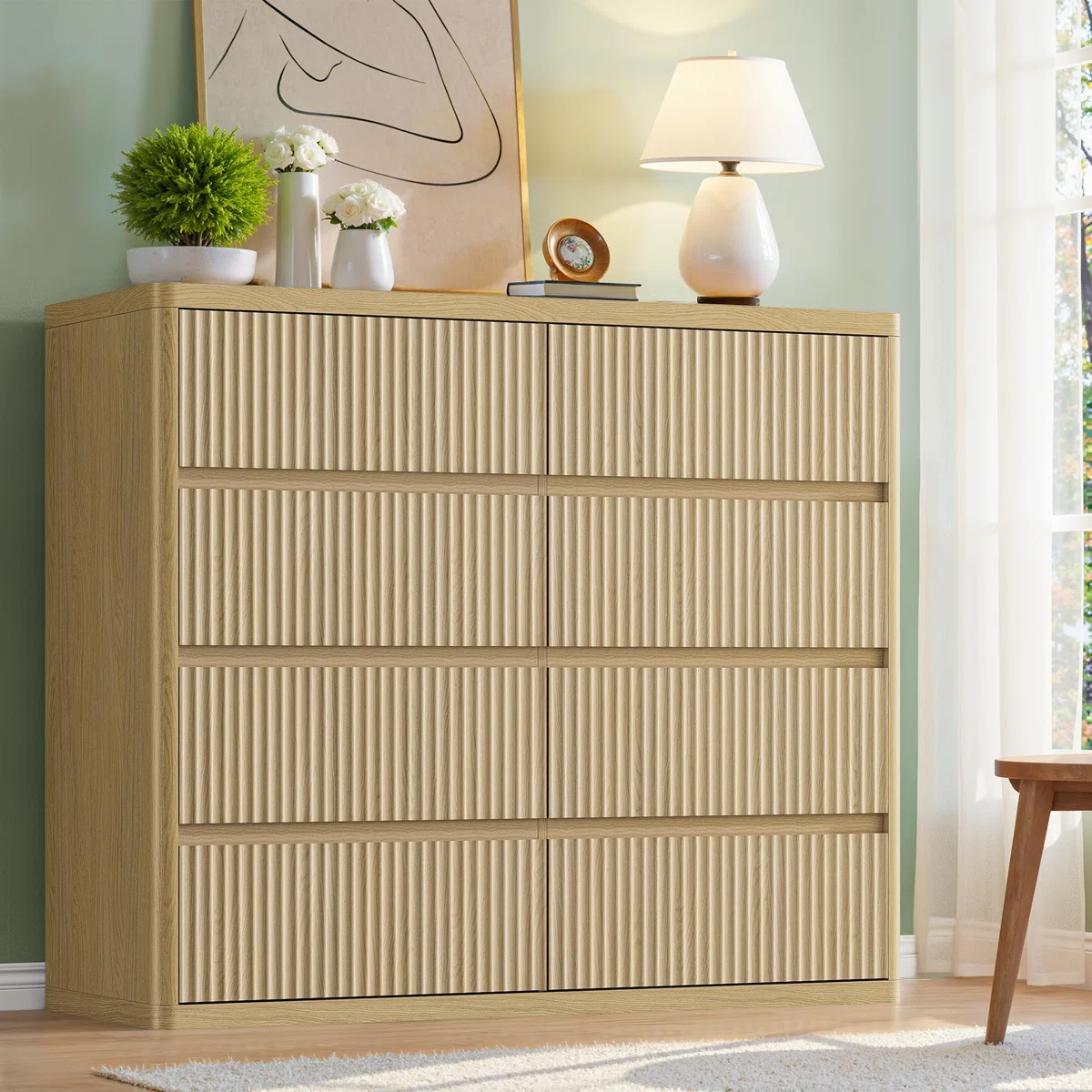 Fluted 8-Drawer Wooden Dresser, 48" Wide Modern Curved Chest of Drawers