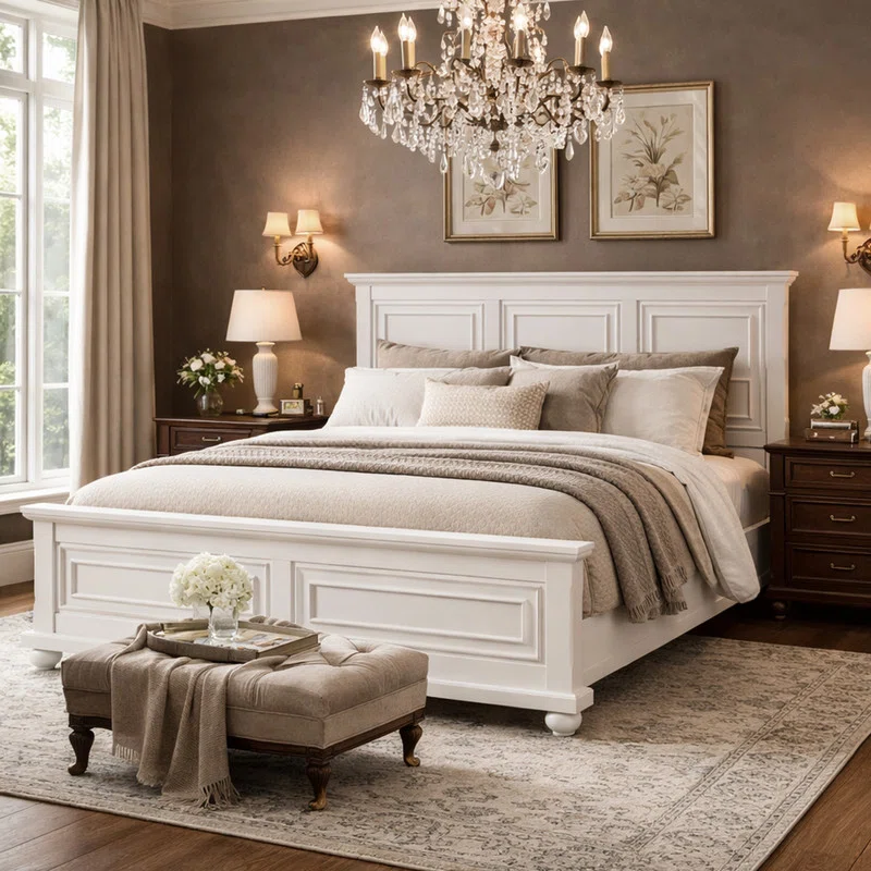 Wood Platform Bed Frame with Tall Panel Headboard and Solid Slat Support